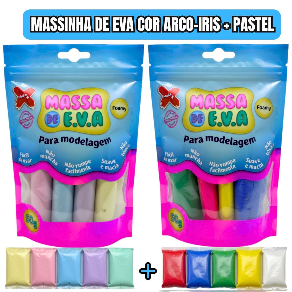 Massinha EVA Make+ Colorida 5 Cores Pastel + 5 Cores Arco-Íris