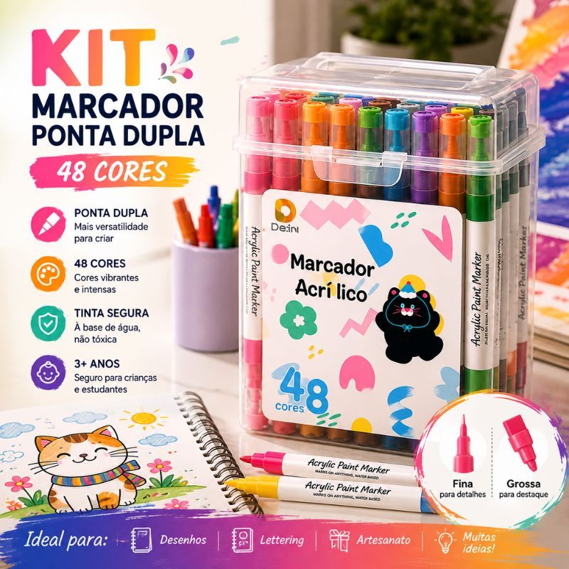 Kit Marcadores Acrílicos Dupla Ponta Canetas para Pintar Pedra Madeira Vidro Tecido Papel DIY