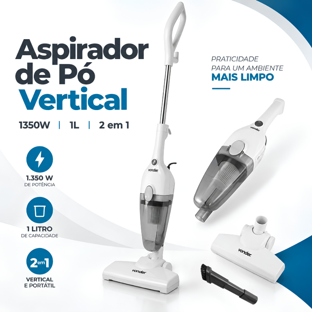 Aspirador de Pó Vertical Vonder APV 1350 Turbo 1350W 1L 16kPa Filtro HEPA 2 em 1 Cabo 4m Bocal 180° 127V ou 220V