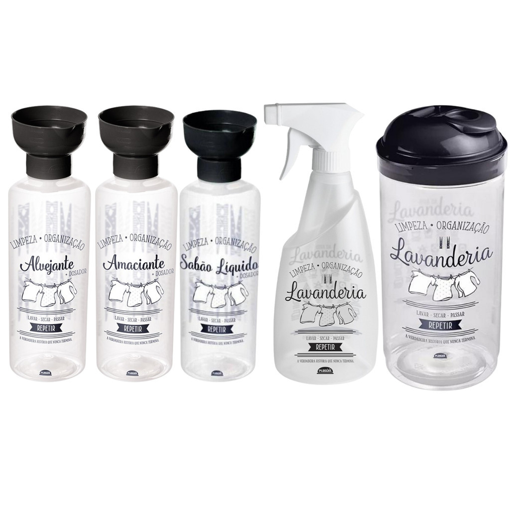 Conjunto Lavanderia 5 Peças Porta Amaciante Sabão Alvejante Borrifador