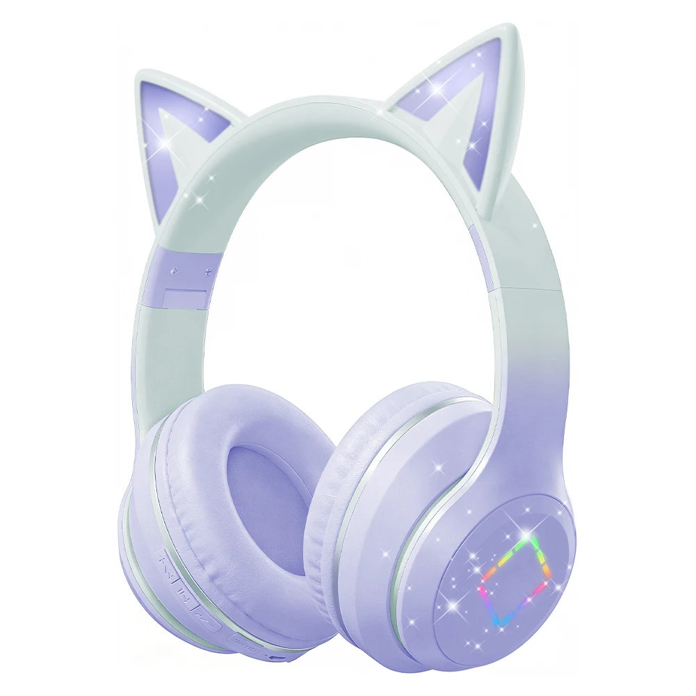 Lovely Kawaii Cat Ear Wireless Headphones RGB LED，Over-Ear Bluetooth Earphones with Mic Stereo,Gaming Headset for Kids Girl Gift