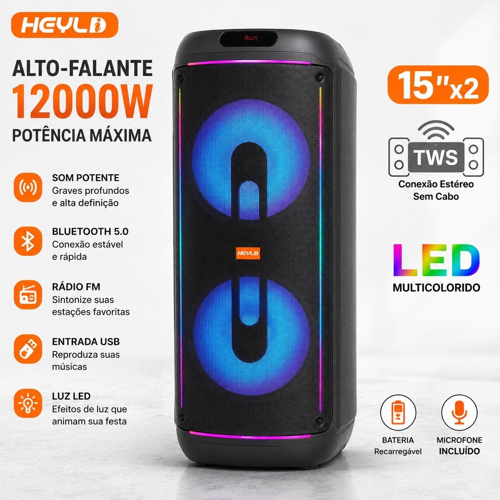 Caixa de Som Bluetooth Portátil 12000W 2x15