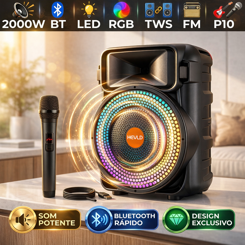 Caixa de Som Bluetooth Portátil Potente PMPO 2000w c/Microfone LED RGB TWS FM para Festa Viagem Praia