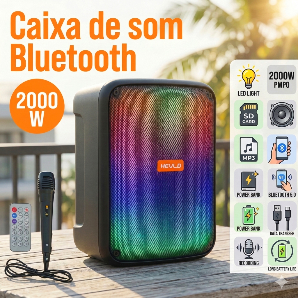 Caixa de Som Bluetooth Portátil Potente LED RGB TWS FM C/microfone PMPO 2000W para Festa Viagem Praia