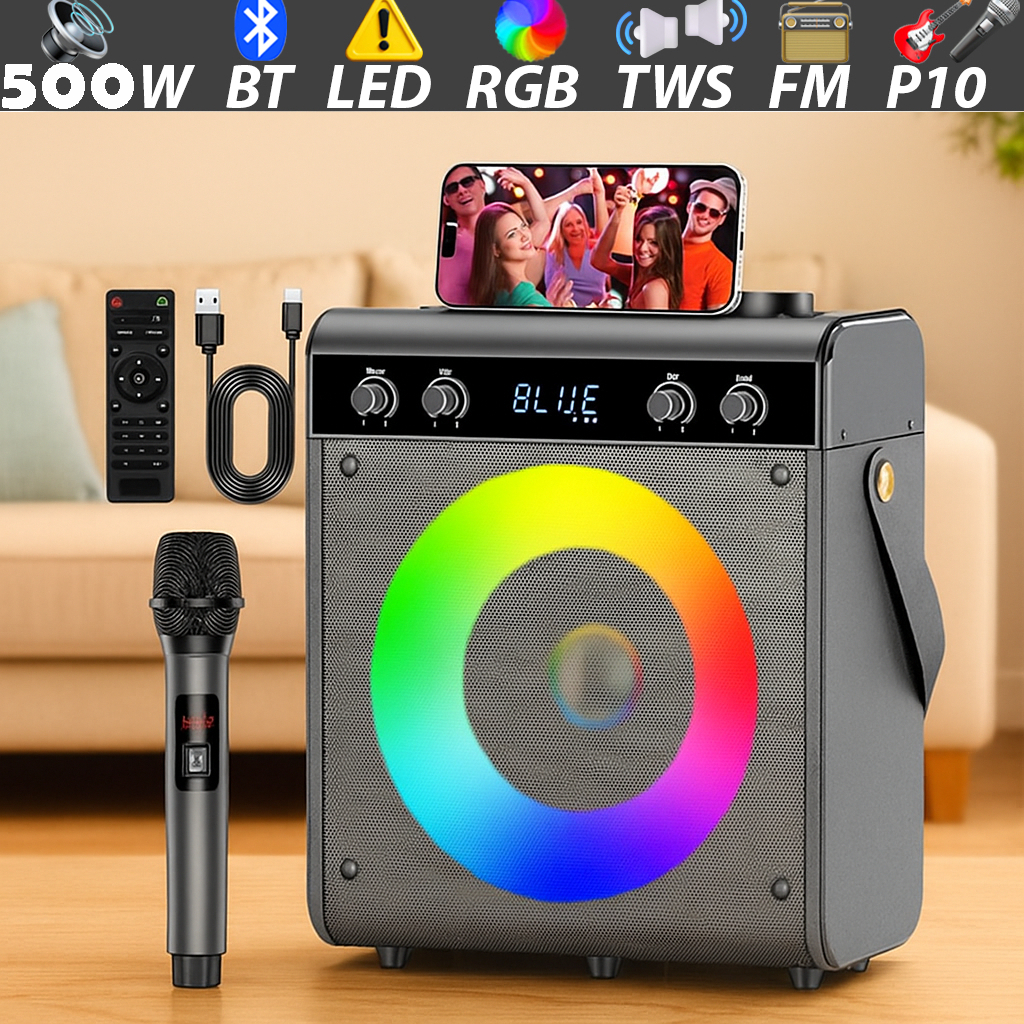 Caixa de Som Bluetooth Portátil Potente 500w C/ Microfone LED RGB USB TWS FM para Festas