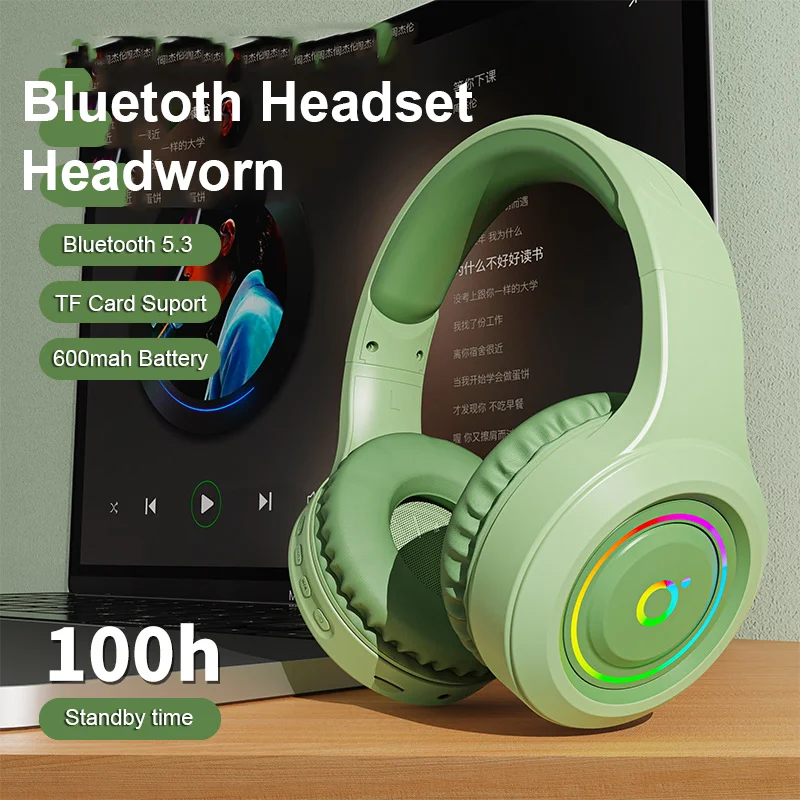 Wireless Bluetooth 5.3 Headset with Mic Low Latency Gaming E-sports Headphones RGB Luminous 600mah Long Battery Life Earphones