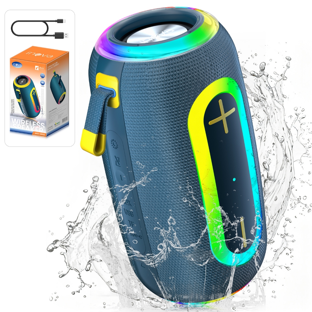 INOVA Caixa De Som Bluetooth Estéreo Hd Com Grave Intenso Tws Party RGB FM IPX6 Som Estéreo Graves Intensos