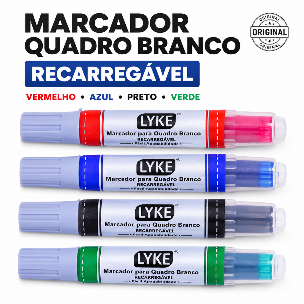 Marcador Quadro Branco Lyke Recarregável com Refil Ponta Redonda 5mm 800m Cores