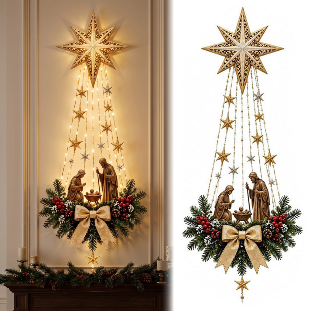 Christmas Star Wall Light Shaped Hanging Lamp Nativity Decor with Bethlehem – Glowing Holy Family Scene Ornament for H