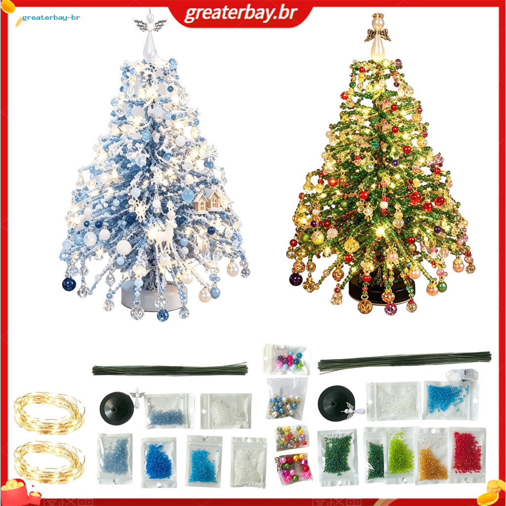 2 Pcs Diy Beaded Christmas Tree Kit with Led Light – Handmade Mini Bead Art Sparkling Holiday Desk Decoration for Tabl