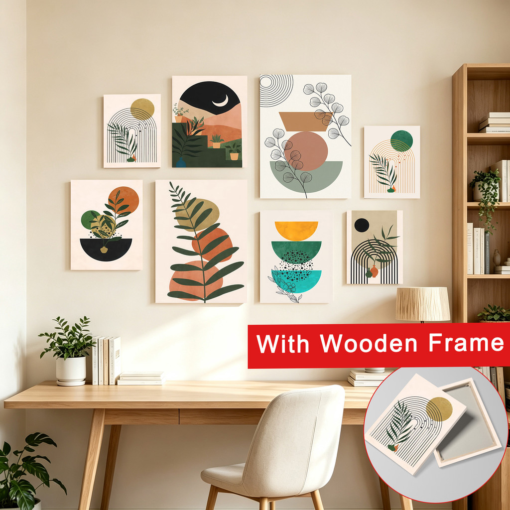 (Com Moldura) Boho Mid-Century Modern Canvas Wall Art Forma Geométrica Abstrata Folha Tropical Planta Pôster Neutro Tom