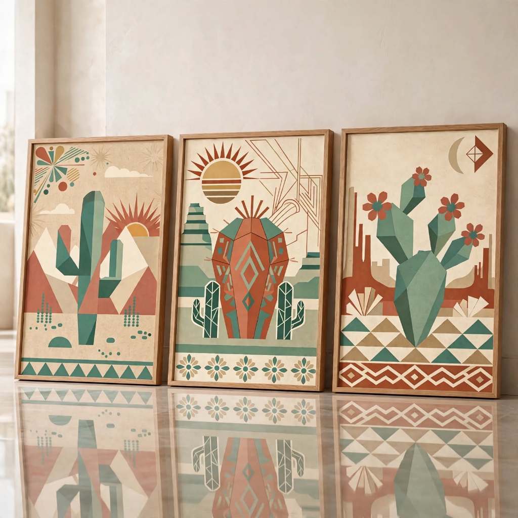 Kit 3 Peças Quadros Decorativos Cactos Geométrico Mid Century Boho Deserto Sol