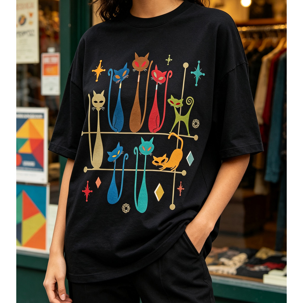 Camiseta Estampada Gatos Coloridos Retrô Anos 60 100% Algodão Camiseta Casual Vintage Mid Century Streetwear