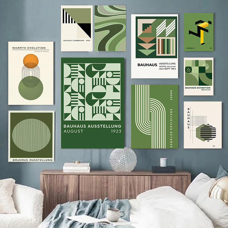 (Com Moldura) Impressão Em Tela Estilo Bauhaus Verde Sálvia Pôster Geométrico Abstrato Vintage Mid Century Decoração De