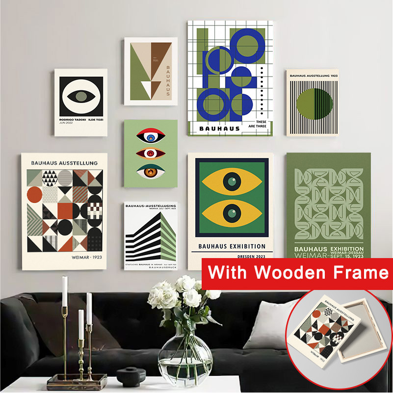 (Com Moldura) Bauhaus Exposição Impressão Em Tela Geométrica Abstrata Formato De Olho Pôster Retro Verde Mid Century Mod