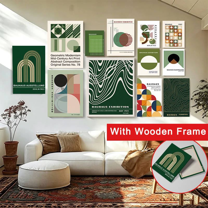 (Com Moldura) Bauhaus Exposição Impressão Em Tela Tom Verde Pôster Abstrato Geométrico Retro Mid Century Modern Wall Art