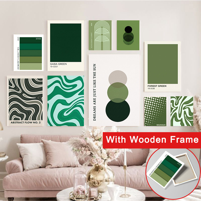 (Com Moldura) Bauhaus Art Canvas Print Verde Sálvia Abstrato Geométrico Pôster Vintage Mid Century Decoração De Parede I