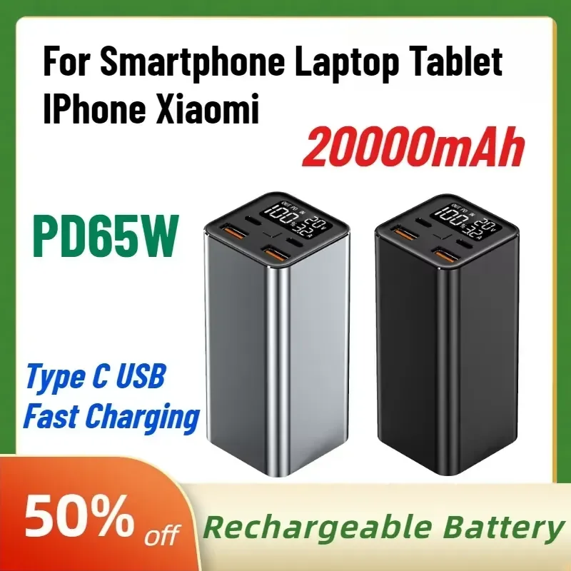 High-Quality New 20Ah External Power Bank Type C USB PD65W Fast Charging Powerbank for Smartphone Laptop Tablet IPhone Xiaomi