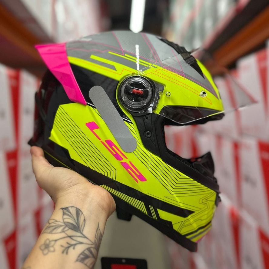 CAPACETE LS2 FF358 CLASSIC S DIGITAL AMARELO/ROSA FEININO DESIGN ESPORTIVO + SPOILER AEROFÓLIO ROSA