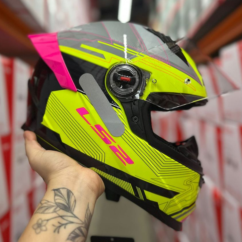 CAPACETE LS2 ORIGINAL ESPORTIVO CLASSIC S FF358 DIGITAL AMARELO ROSA FEMININO + SPOILER INTERGRADO