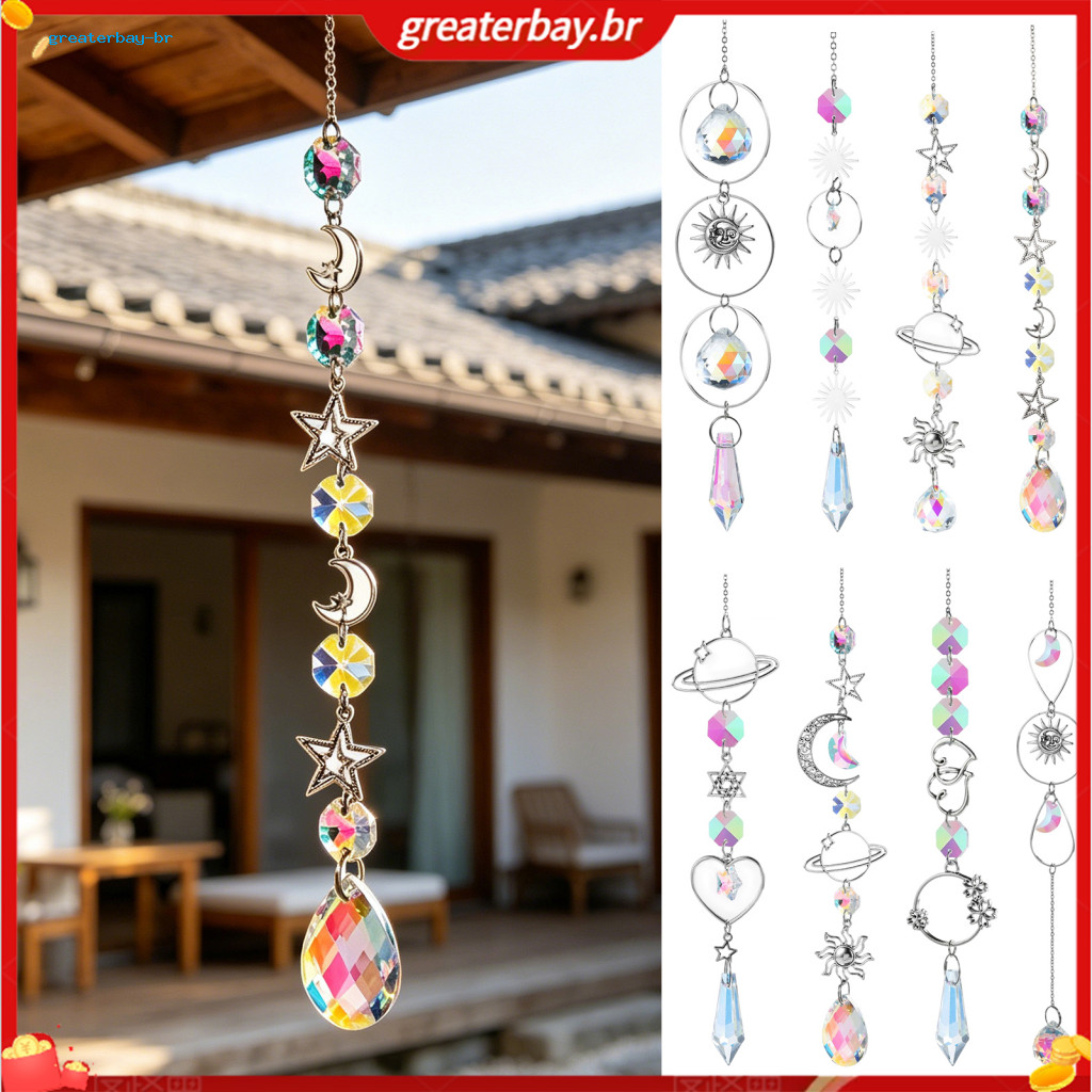 Silver Wind Chime Suncatcher Star Moon Sun Prism Hanging Ornament Light Catcher Decor for Kids Room Guesthouse Patio Yog