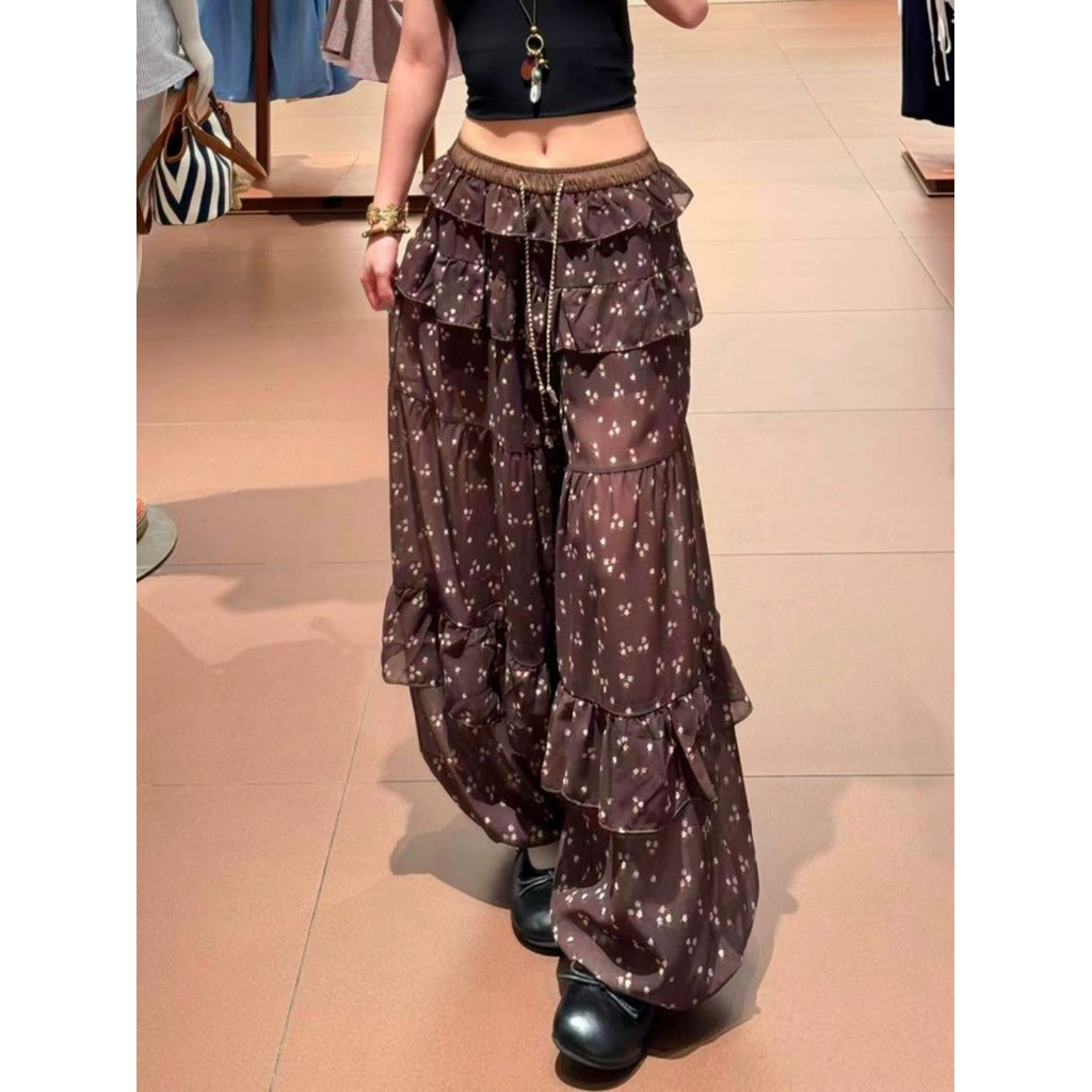Coreano Retro Floral Bloomers feminino fino cintura alta mais magro olhar Drape pequeno babados Casual calças de perna l