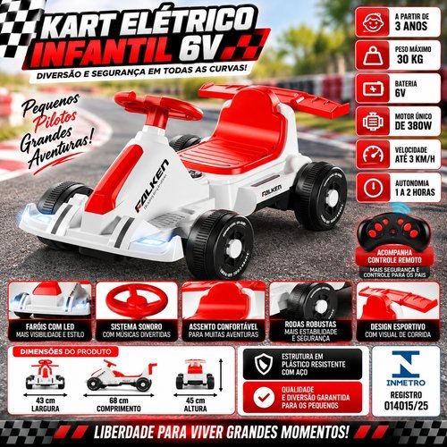 Kart Elétrico Infantil 6V Branco Motor 380W Velocidade 3km/h Unito ys