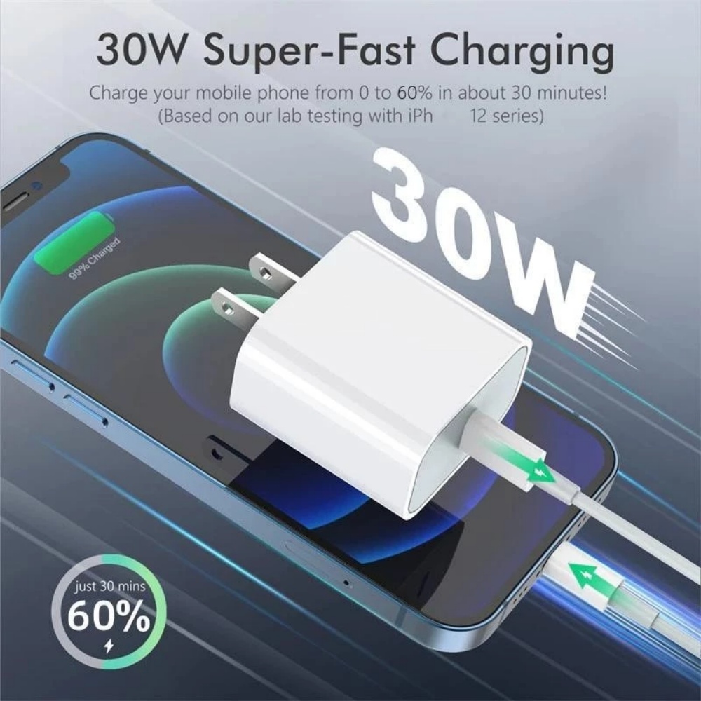 Novo Adaptador de Carregador Rápido USB-C PD 30W + Cabo de Carregamento Rápido para iPhone 14 13 11 Pro Max Xs XR X 8