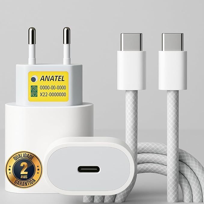 Carregador Turbo 30W USB-C com Cabo Reforçado Tipo-C, compatível com iPhone 15,16, 17 Pro Max