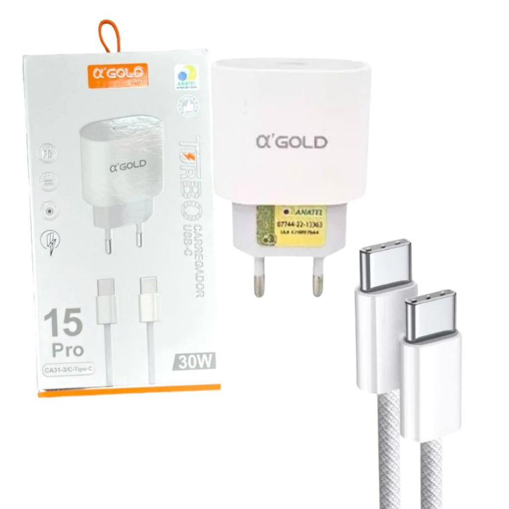 KIT CARREGADOR CABO P/  CELULAR TURBO 30W TIPO C P/ TIPO C COMPATIVEL ANDROID E IPHONE 15 15 PRO MAX