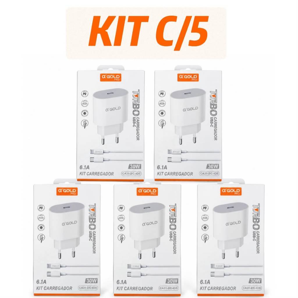 Kit 3/5 Carregador IPhone Fonte e Cabo Turbo 30w Tipo C p/ Lightning  A´Gold PRO