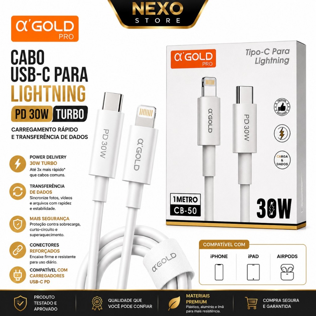 Cabo USB-C para Lightning PD 30W A'Gold PRO 1 Metro Turbo Carregamento Rápido iPhone CB-50