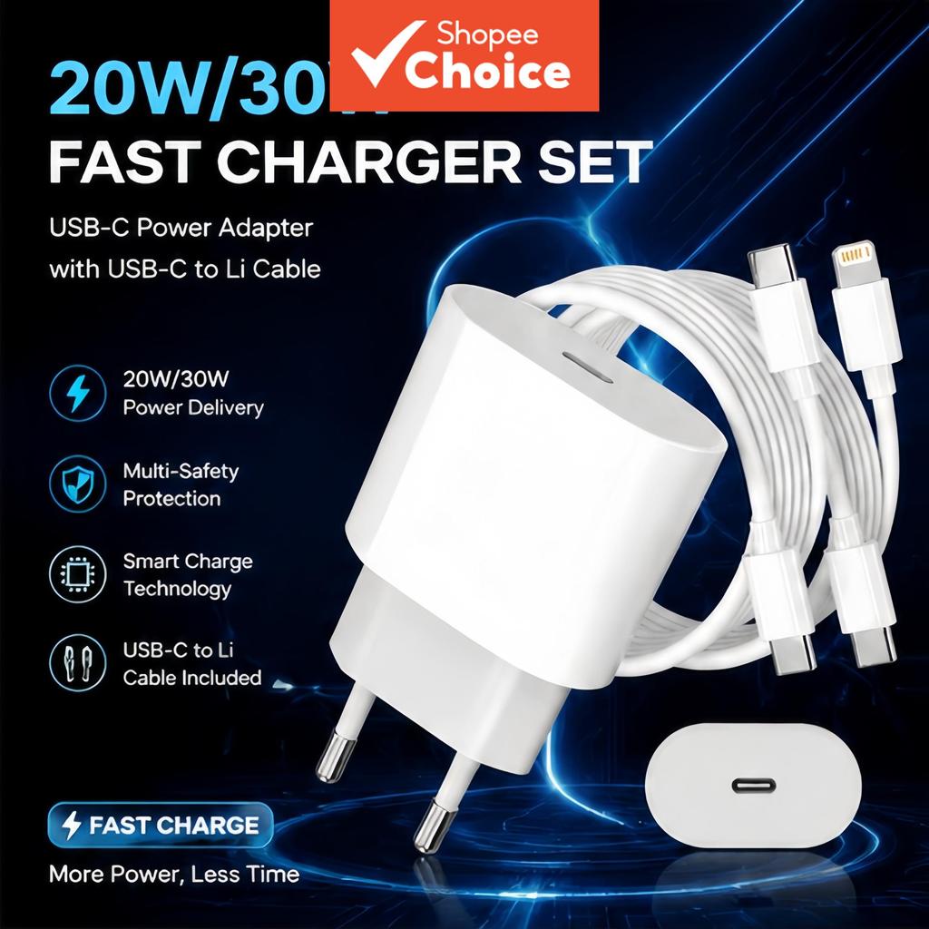 Adaptador de torre de carregamento rápido compacto 20W/30W com cabo Tipo-C Turbo, compatível com iPhone 7 a 17 Pro Max