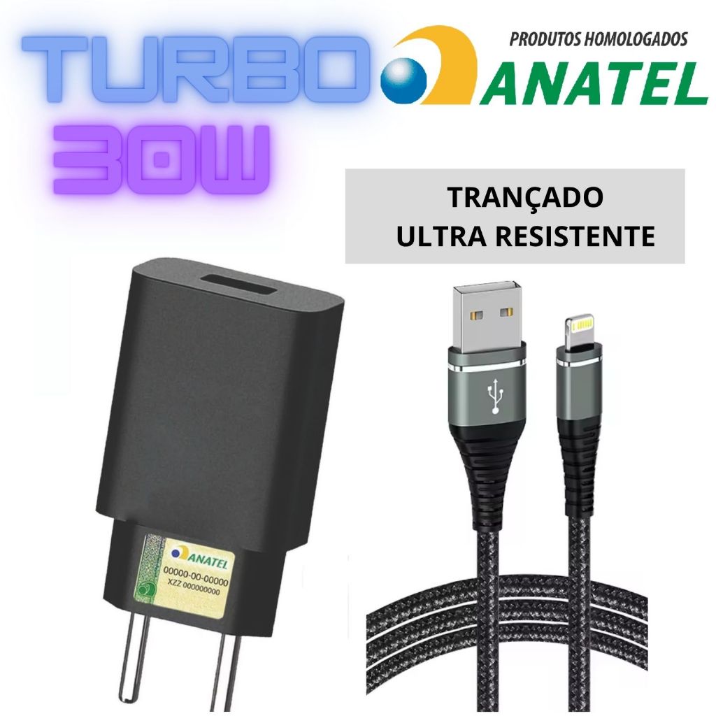 Carregador Turbo 30W + cabo TRANÇADO USB-LIGHTNING Compatível p/IPHONE X XR 11 12 13 14 PRO MAX