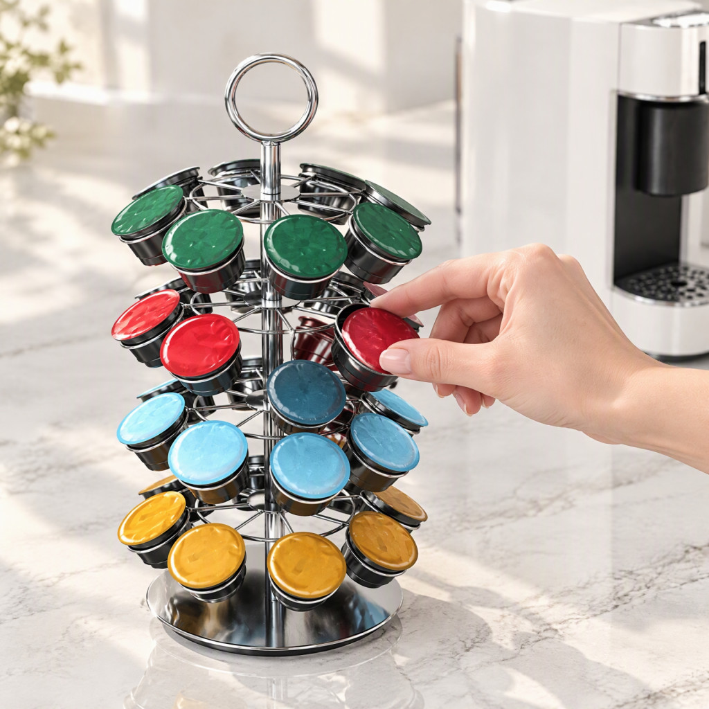 Rotating Coffee Pods Holder Capsule Organizer 32 Slots Space-saving Stainless Steel Pod for Kitchen for Nespresso