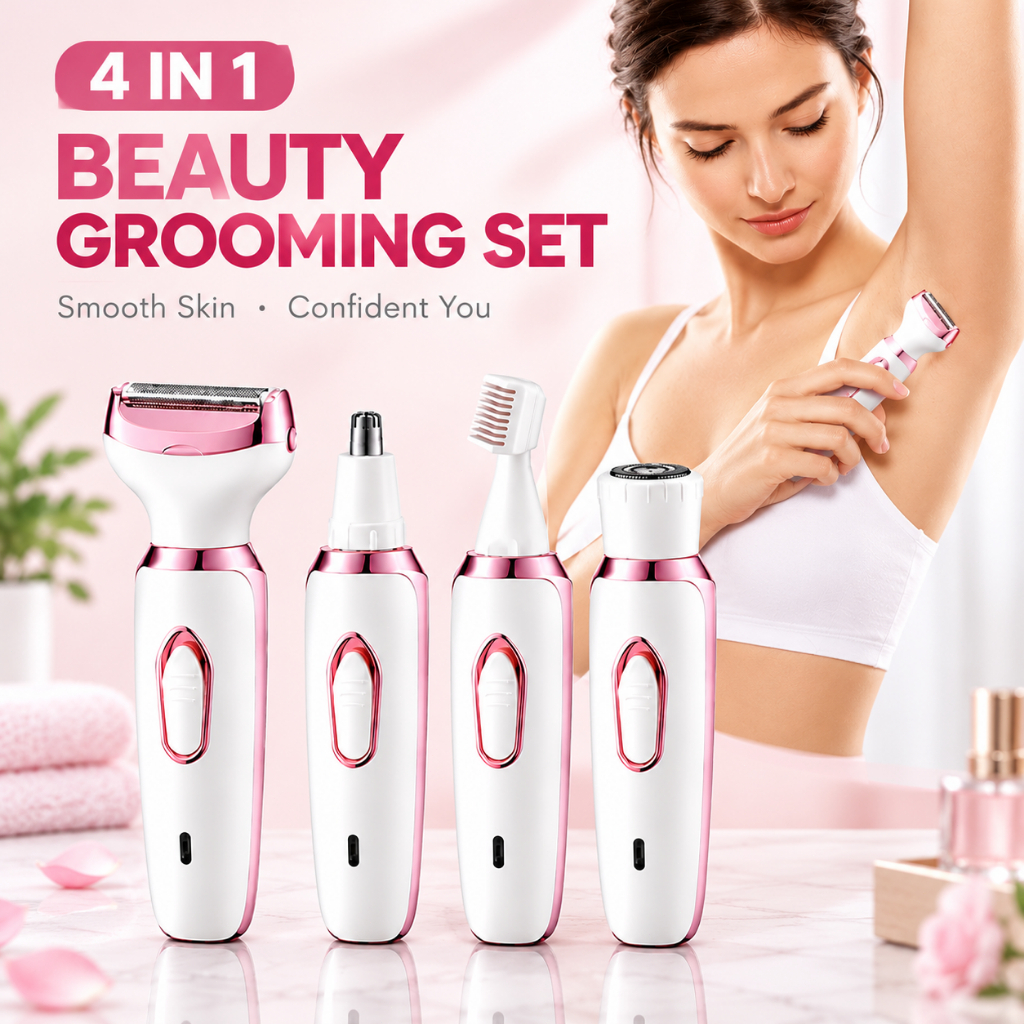 4-in-1 Electric Shaver for Women, Epilator, Trimmer, Body, Intimate, Facial, Nose, USB Rechargeable