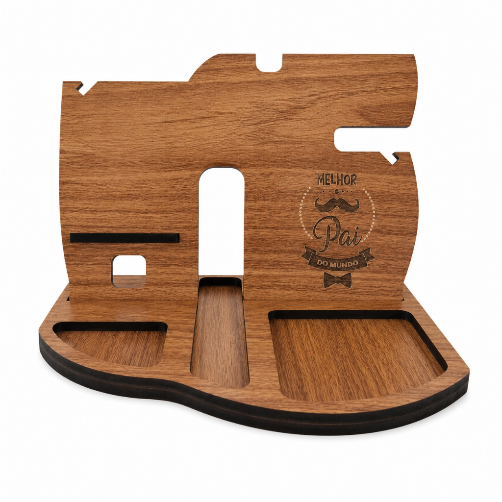 Organizador de Mesa em Madeira-Suporte para Celular,Carteira, Relógio e Chaves | Melhor Pai do Mundo