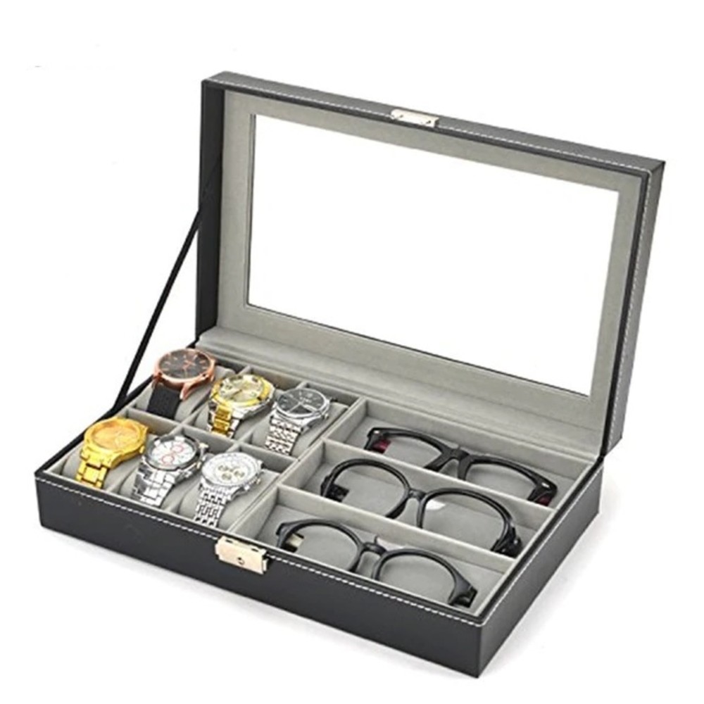 MALETA ESTOJO PORTA 6 RELOGIOS E 3 OCULOS CAIXA ORGANIZADORA RELOGIO E OCULOS EM MADEIRA E COURO COM CHAVE E VISOR LUXO
