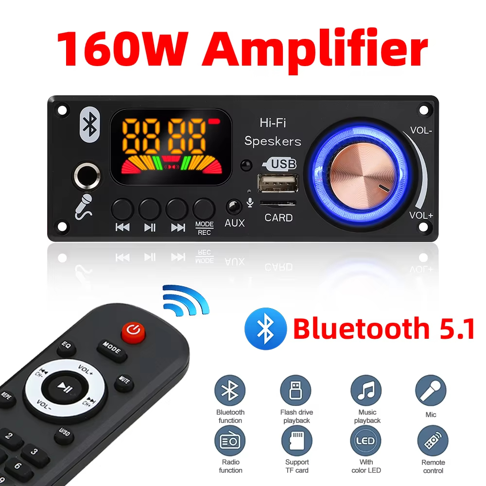 160W Amplificador Bluetooth Decodificador Placa DIY 12V 6.5mm Microfone Rádio FM TF USB Áudio Do Carro Leitor De Música