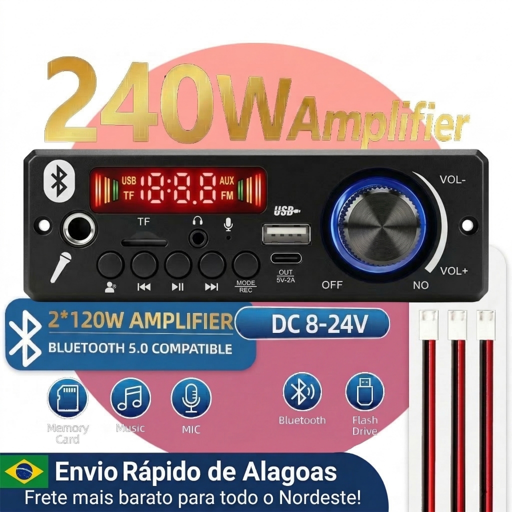 Módulo Amplificador Placa Decodificadora 240w 8-24V Para Som Automotivo Rádio Carro Caixa Bob Microfone
