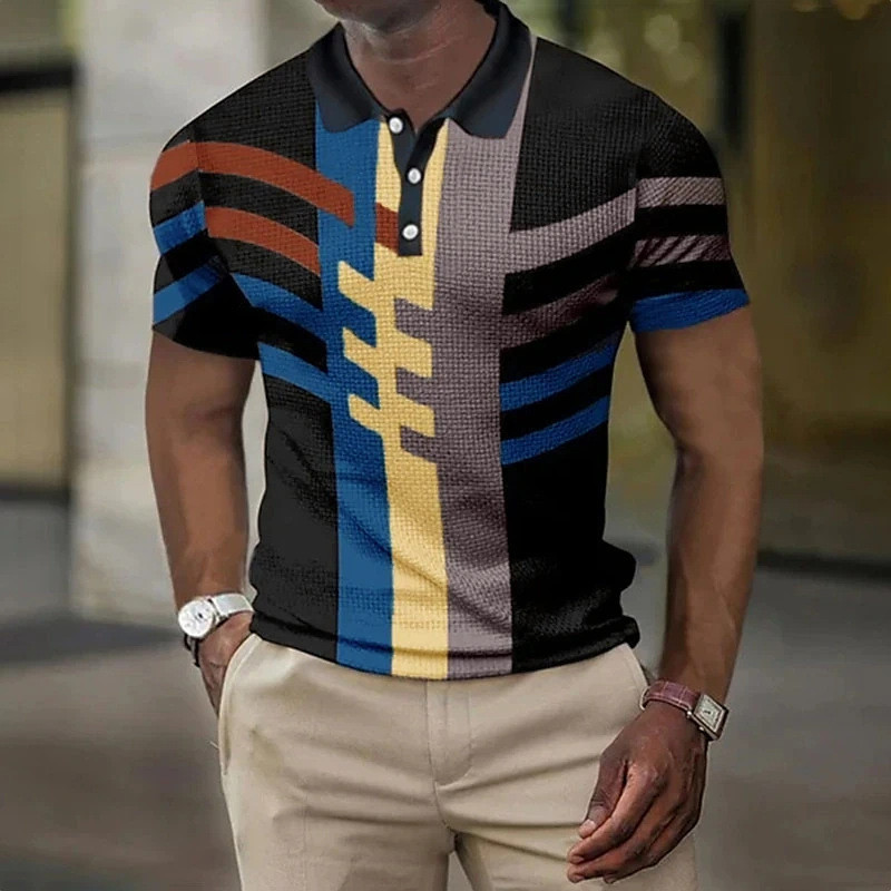 Camisa polo masculina de manga curta, cor geométrica, cor contrastante, retrô, moderna, Casual, lapela, três botões, car