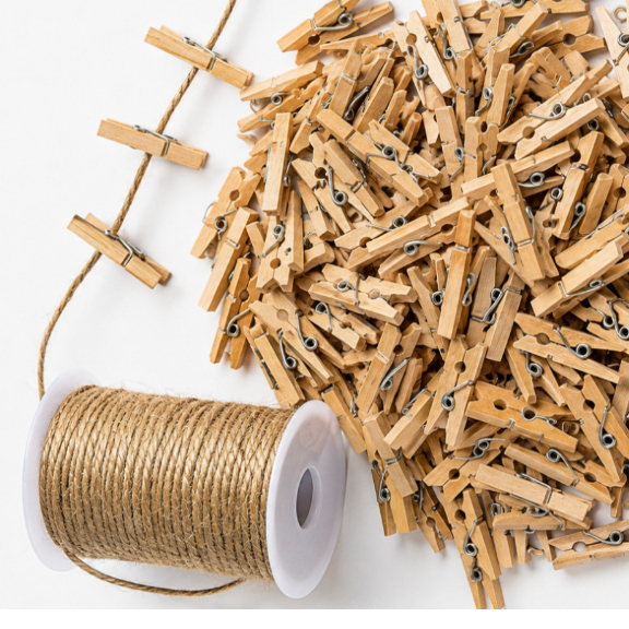 Kit 200 Mini Pregadores Madeira Natural + Fio Juta 1,5mm 10mts Decoração