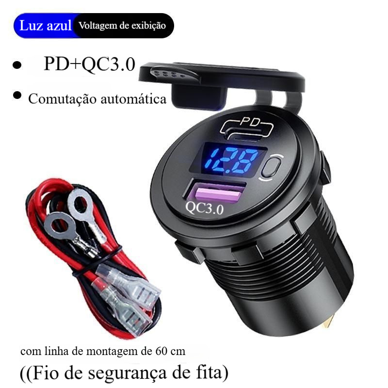 12/24V 40w Carga rápida QC3.0 Carregador de Motor de carro USB duplo Tomada à prova d'água com interruptor de voltímetro