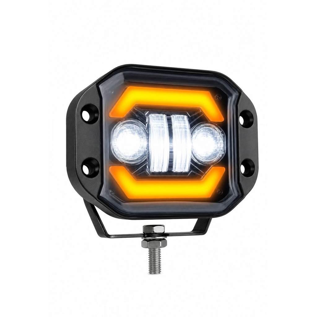 Farol Auxiliar LED Milha Universal Embutir Mod LED 40W Angel Eyes e Seta Luz Alta Baixa 12V 24V