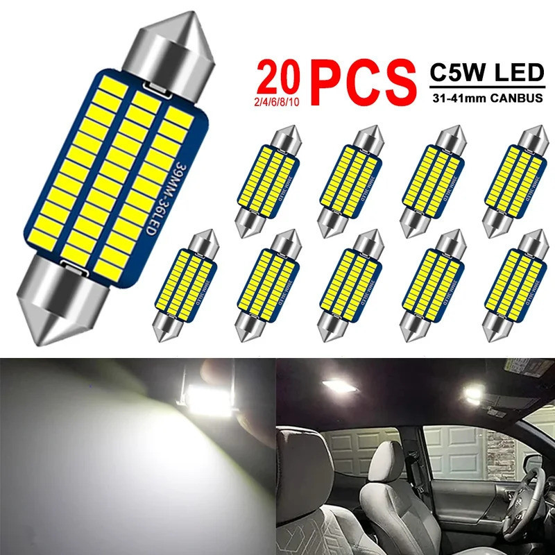 2/20PCS Lâmpadas LED C5W Canbus Festoon 31/36/39/41mm LED para Luzes de Placa de Carro Interior Dome Tronco 12V 300LM 65