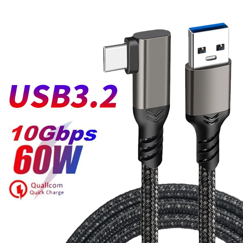 USB 3.2 Gen 2 Elbow 10Gbps Cable USB A to USB C 60W Fast Charging For Oculus Quest 1/2 Link Headset Data Transfer VR Accessorie