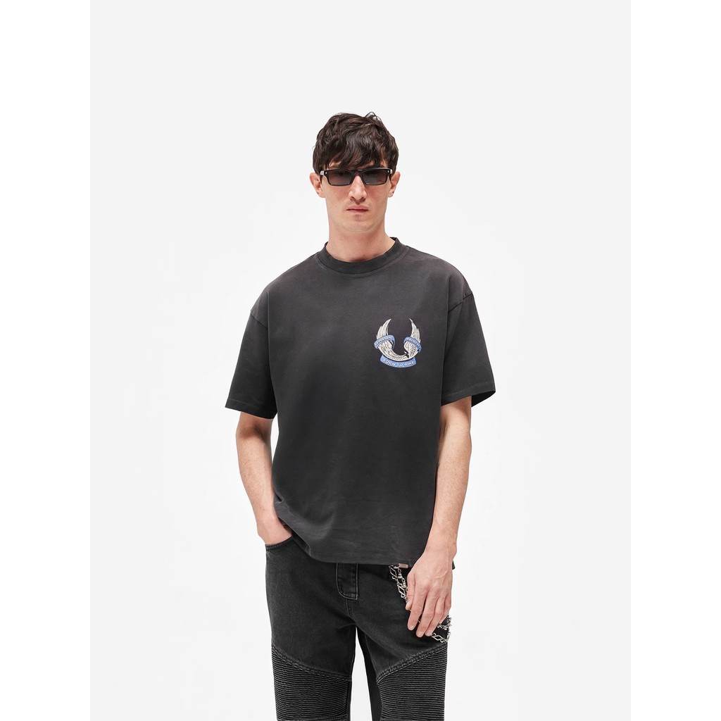 R REPRESENSE 26ss American Double-Headed Phoenix Slogan Wash Water Distressed Solto Camiseta de manga curta Homens Mulhe