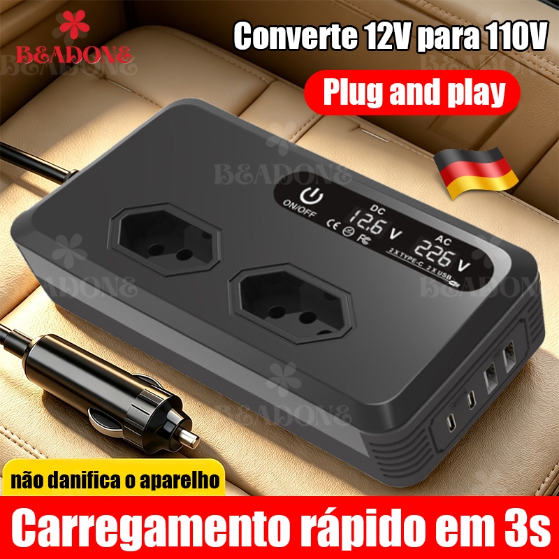 Inversor para carro padrão brasileiro 12V a 110V inteligente alta potência de saída de 200W com 4 portas USB e 2 tomadas