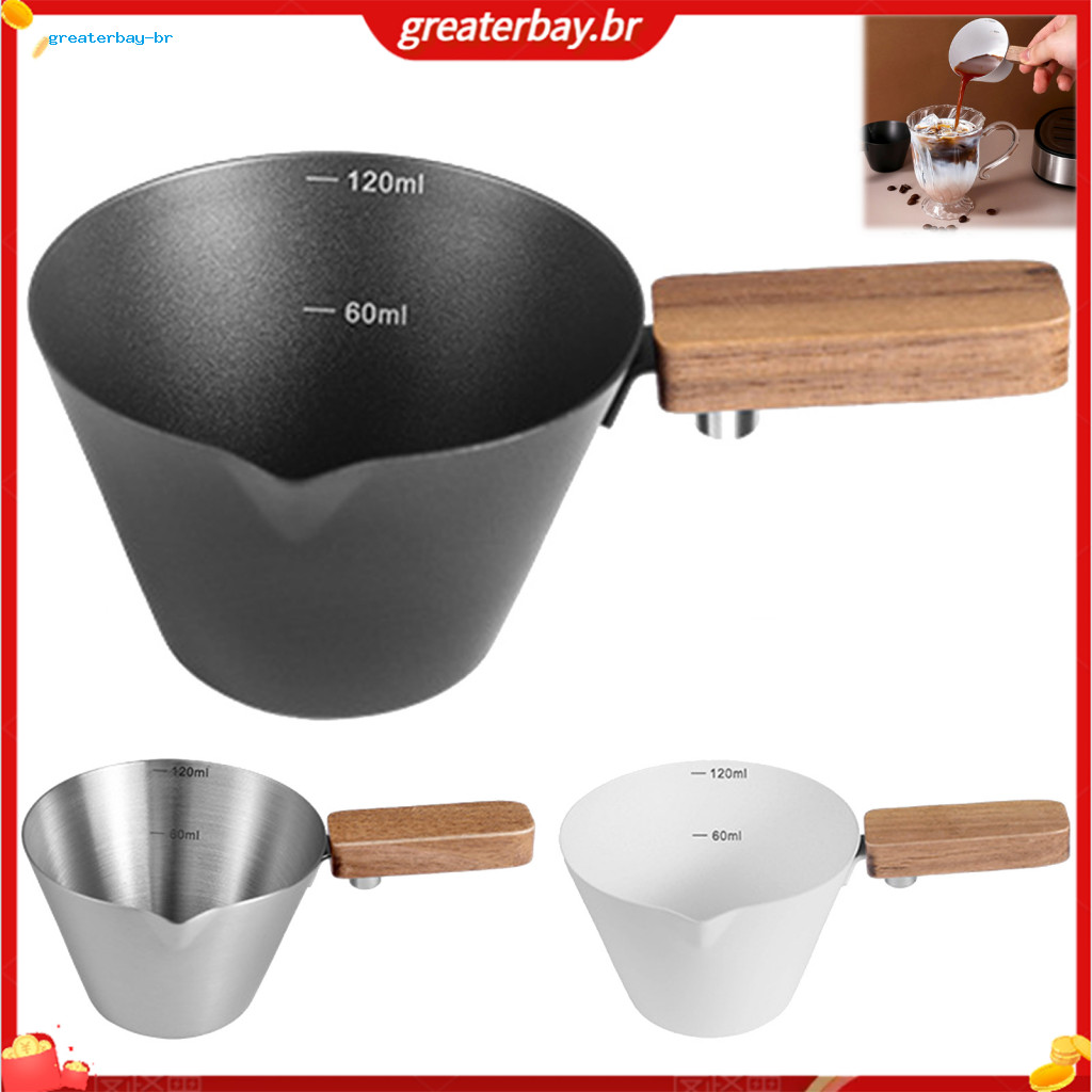 Espresso Liquid Extraction Cup 120ml with Walnut Handle Stainless Steel Measuring Scale and Pointed Spout – Perfect Co