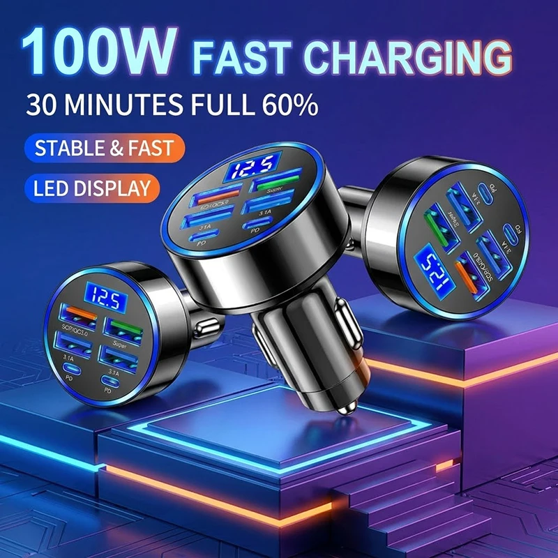 100W Fast Charging Car Adapter Multiple USB A Type C PD Ports with LED Display Anti Slip Plug For Cellphones Tablets For iPhone